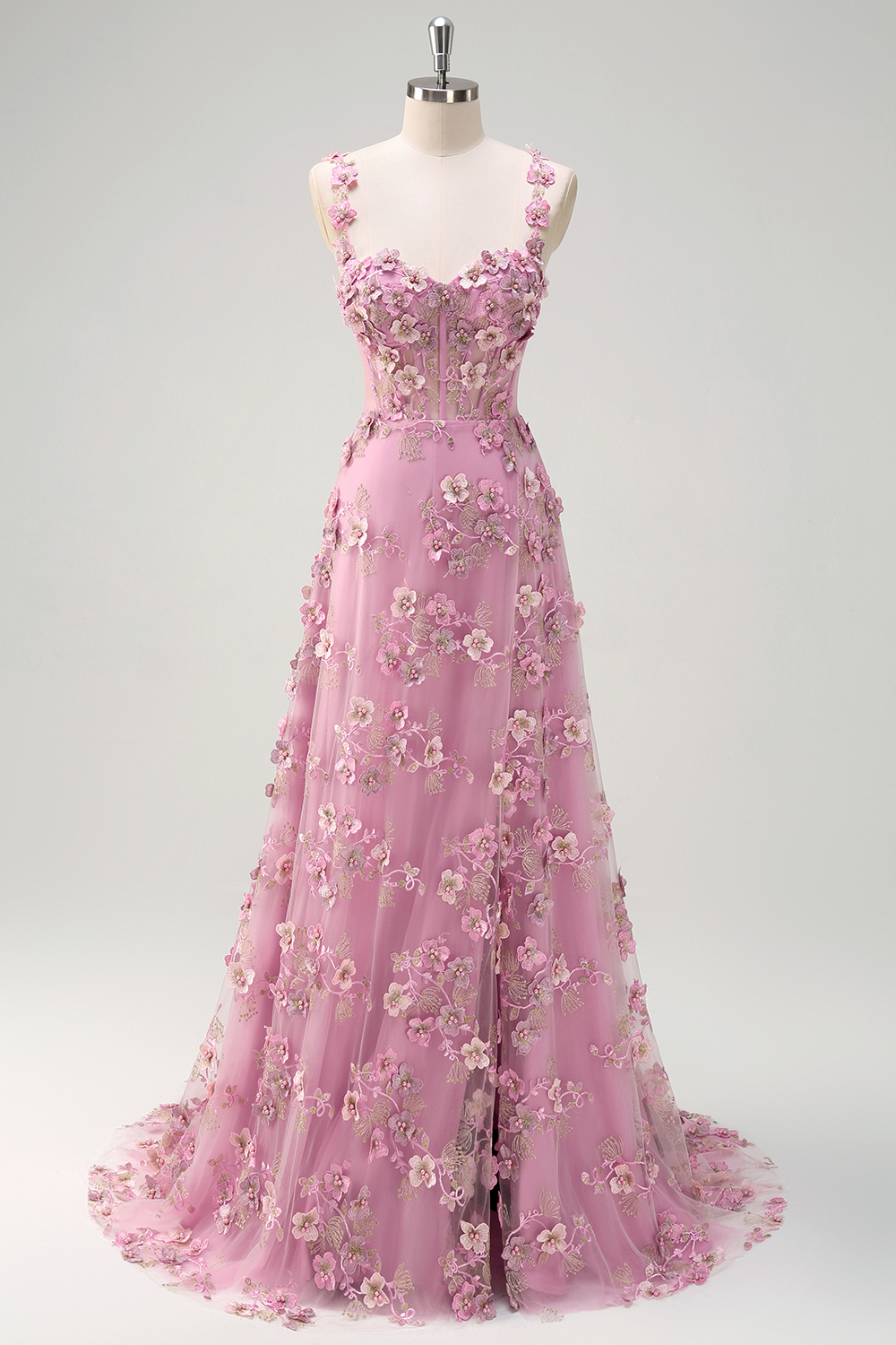 Taro Purple Spaghetti Straps Tulle A-Line Long Corset Prom Dress with Appliques