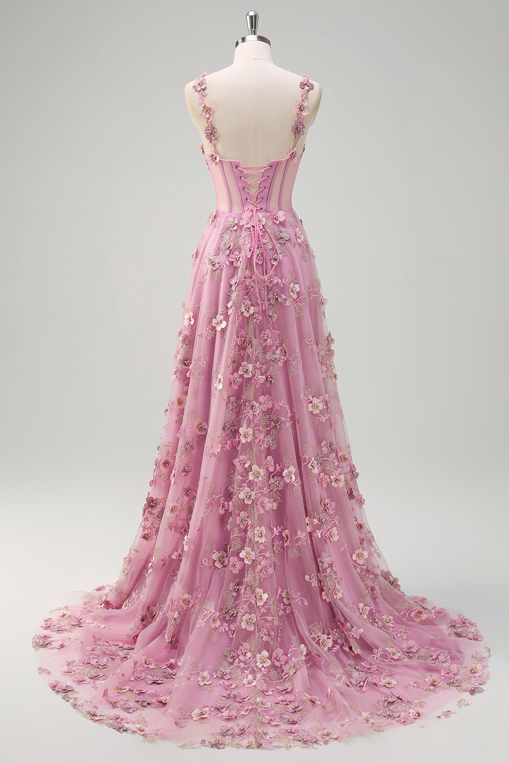 Taro Purple Spaghetti Straps Tulle A-Line Long Corset Prom Dress with Appliques