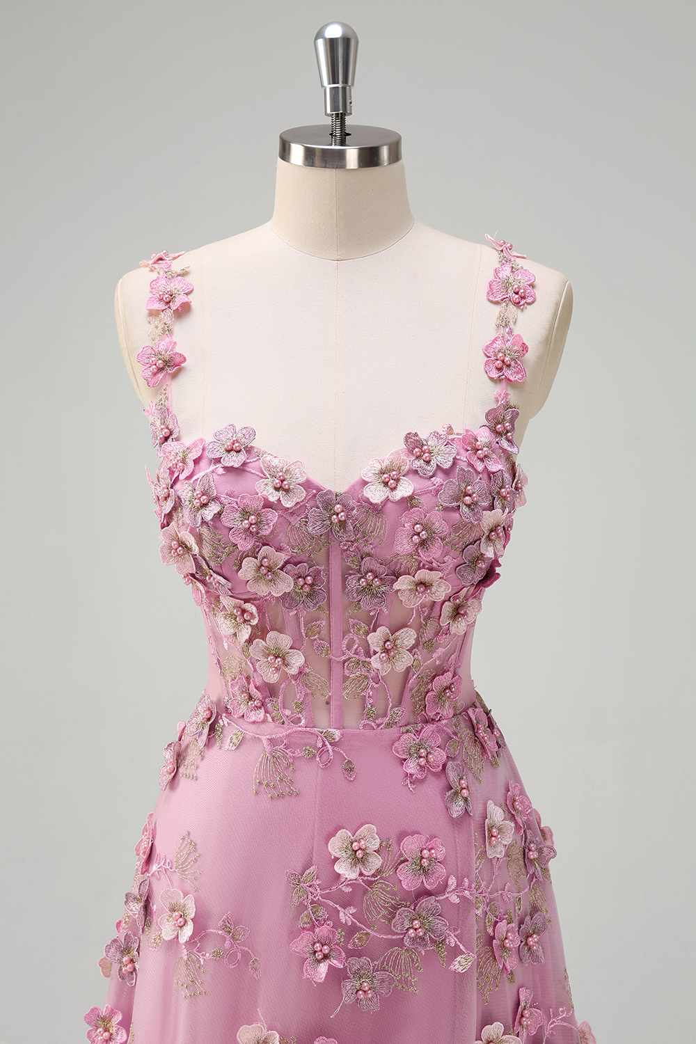 Taro Purple Spaghetti Straps Tulle A-Line Long Corset Prom Dress with Appliques