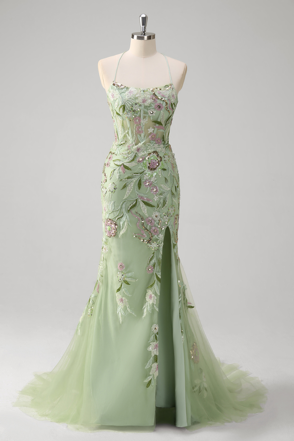 Green Spaghetti Straps Embroidery and Sequins Mermaid Tulle Long Prom Dress with Slit