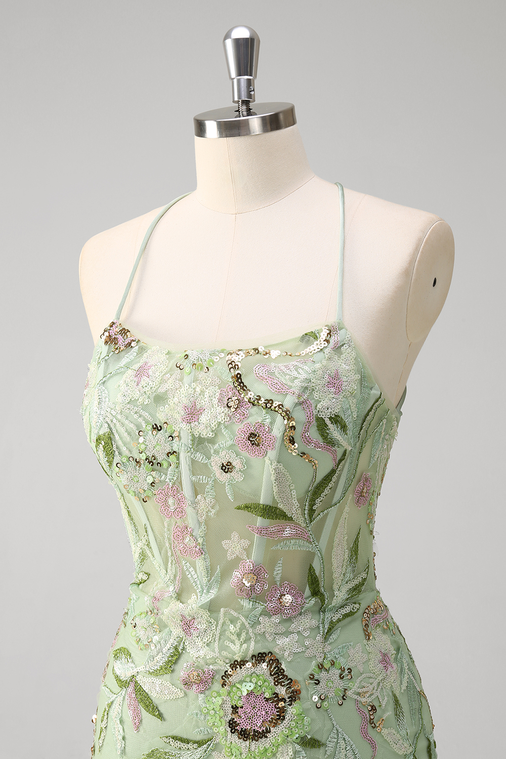 Green Spaghetti Straps Embroidery and Sequins Mermaid Tulle Long Prom Dress with Slit