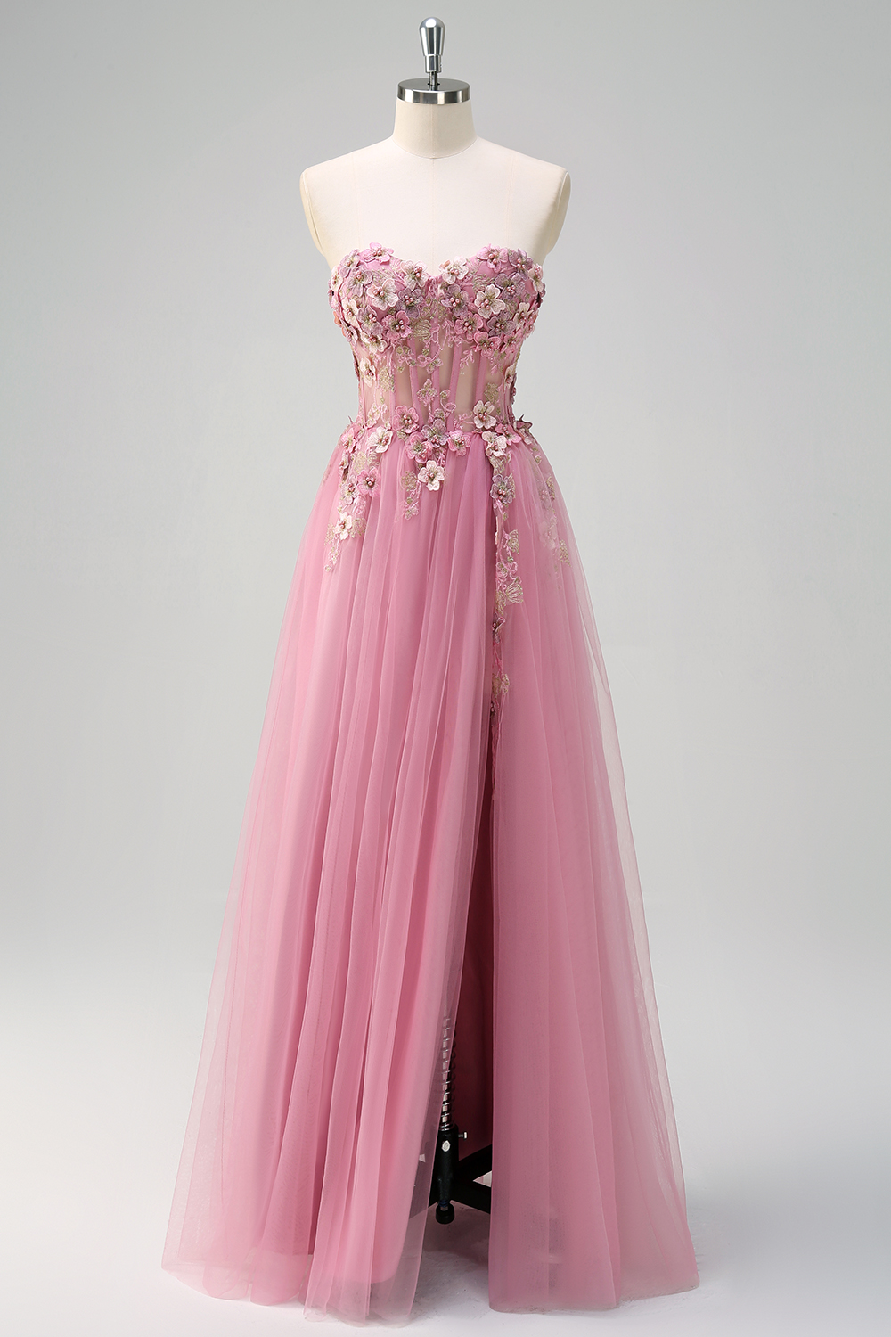 Taro Purple Sweetheart Tulle A-Line Long Corset Prom Dress with Appliques