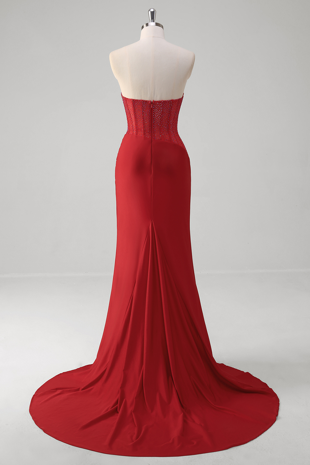 Glitter Red Strapless Beaded Satin Mermaid Long Corset Prom Dress with Slit