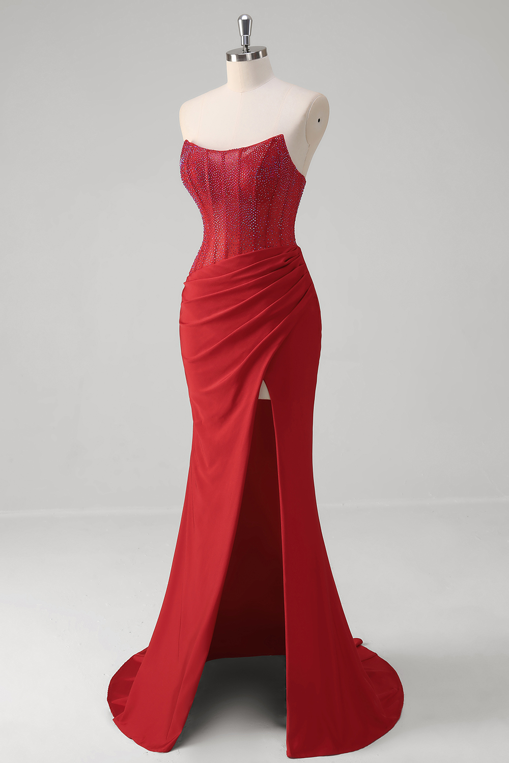 Glitter Red Strapless Beaded Satin Mermaid Long Corset Prom Dress with Slit
