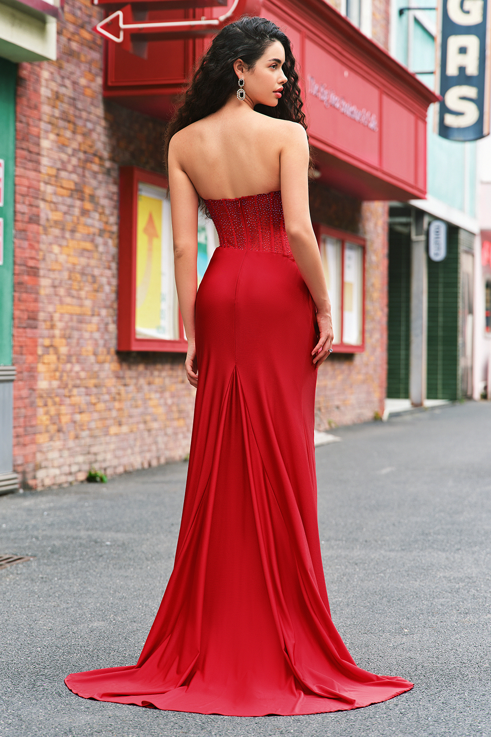Glitter Red Strapless Beaded Satin Mermaid Long Corset Prom Dress with Slit