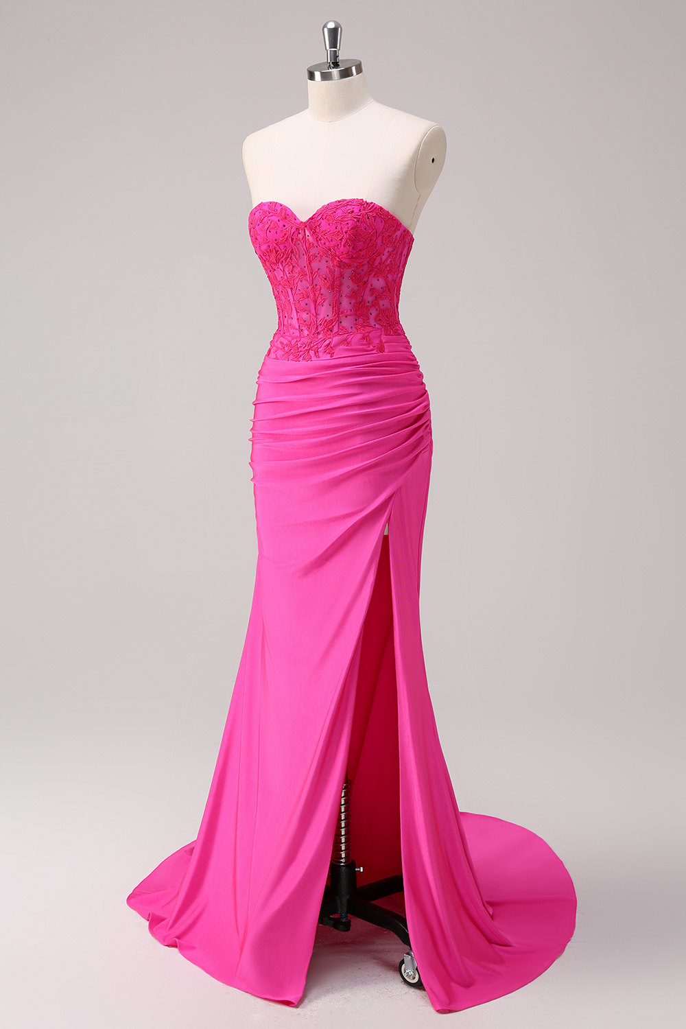 Fuchsia Sweetheart Mermaid Satin Long Corset Prom Dress with Appliques