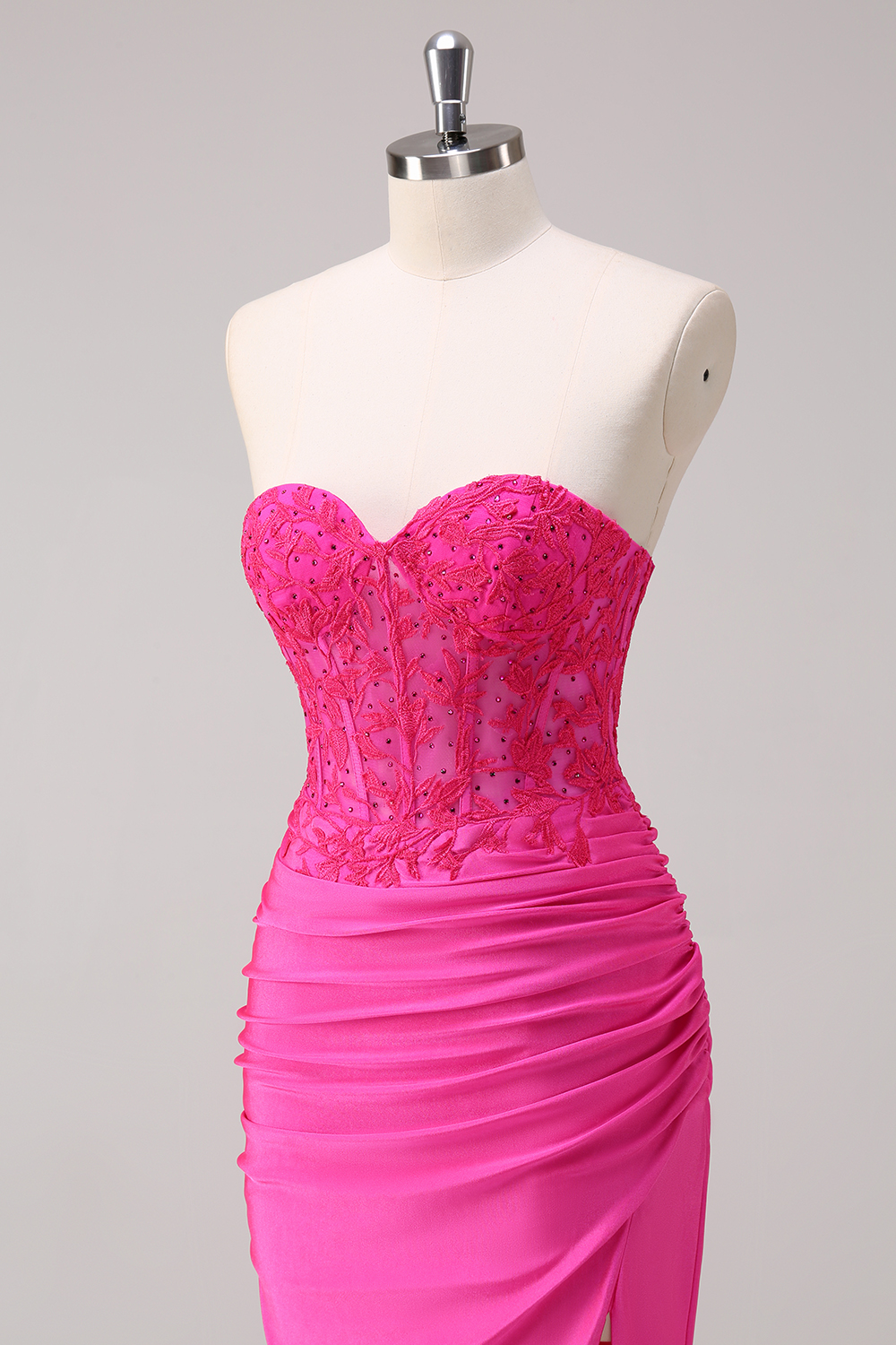 Fuchsia Sweetheart Mermaid Satin Long Corset Prom Dress with Appliques