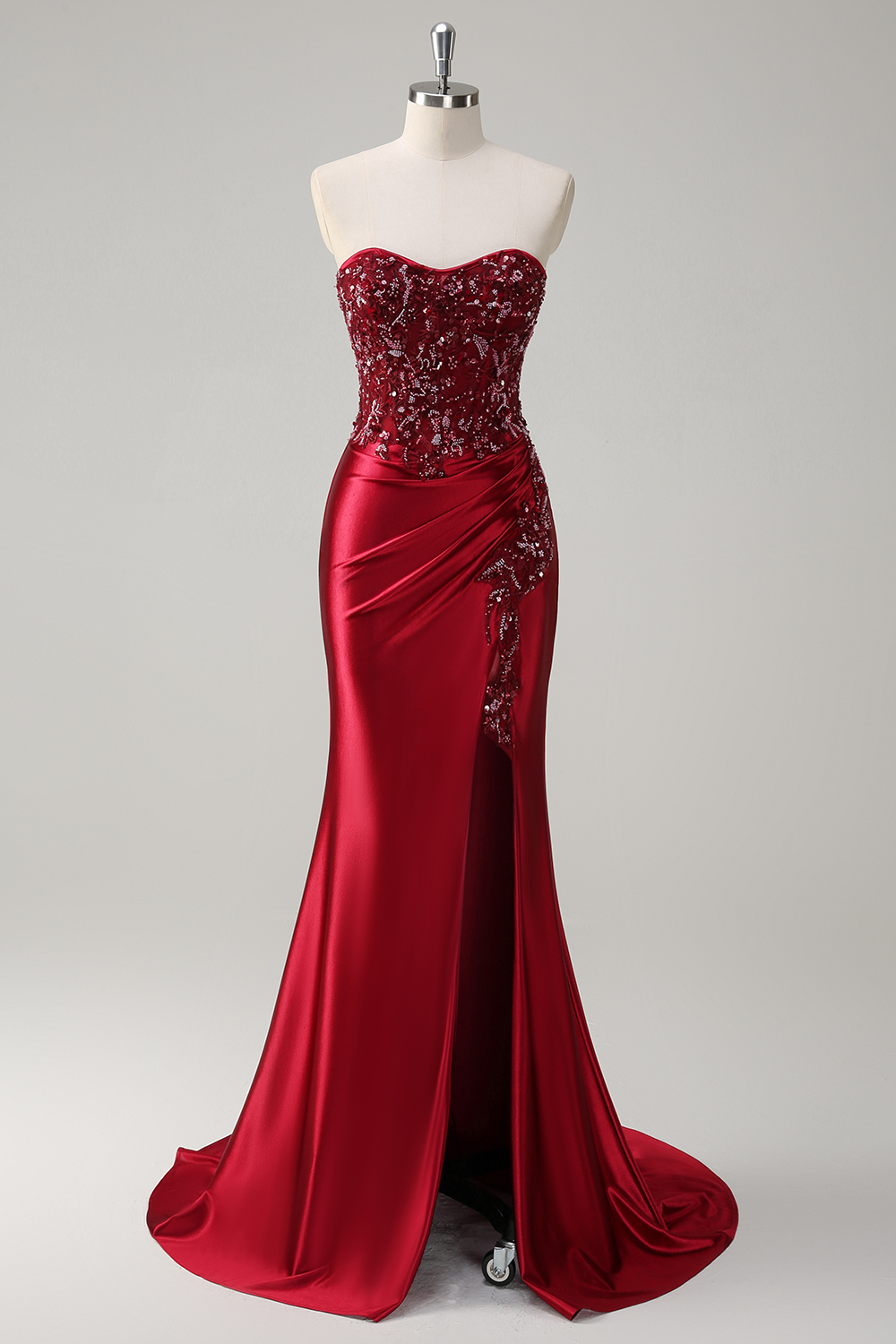 Burgundy Mermaid Satin Sweetheart Long Corset Prom Dress with Beading Appliques