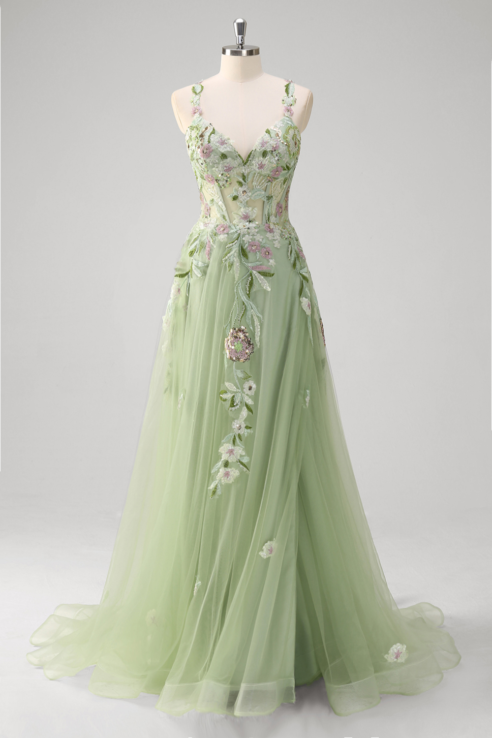Green Spaghetti Straps Embroidery and Sequins A-Line Tulle Long Prom Dress with Slit