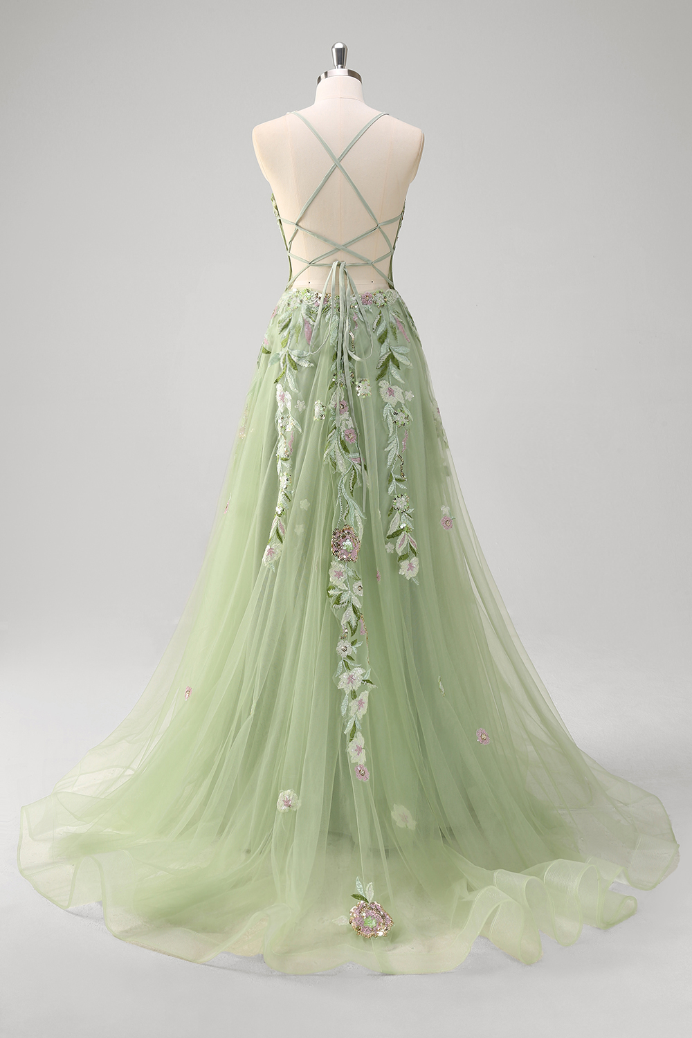 Green Spaghetti Straps Embroidery and Sequins A-Line Tulle Long Prom Dress with Slit