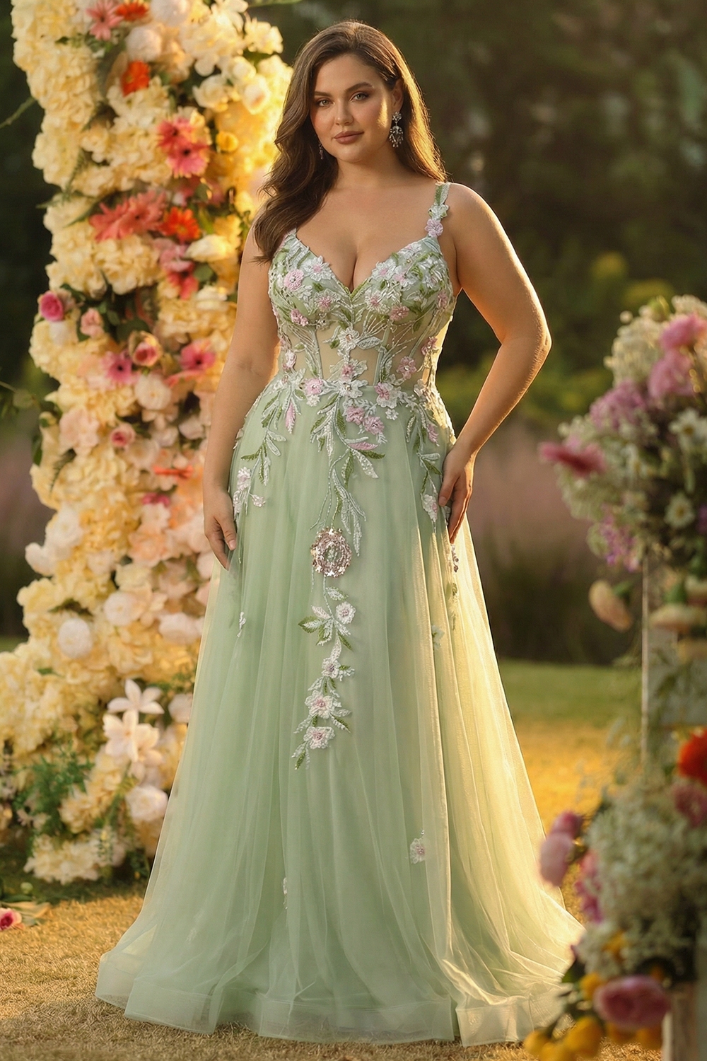 Green Spaghetti Straps Embroidery and Sequins A-Line Tulle Long Prom Dress with Slit