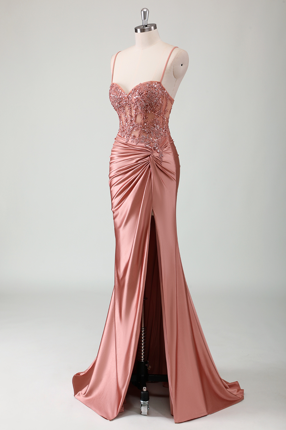 Dusty Rose Spaghetti Straps Satin Mermaid Ruched Long Corset Prom Dress with Appliques