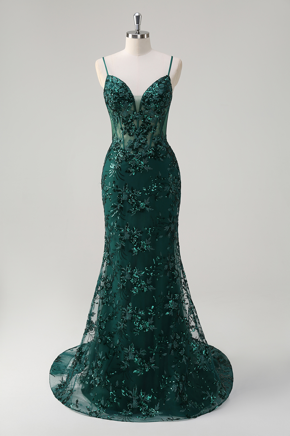 Dark Green Spaghetti Straps Sequins Embroidery Mermaid Long Corset Prom Dress