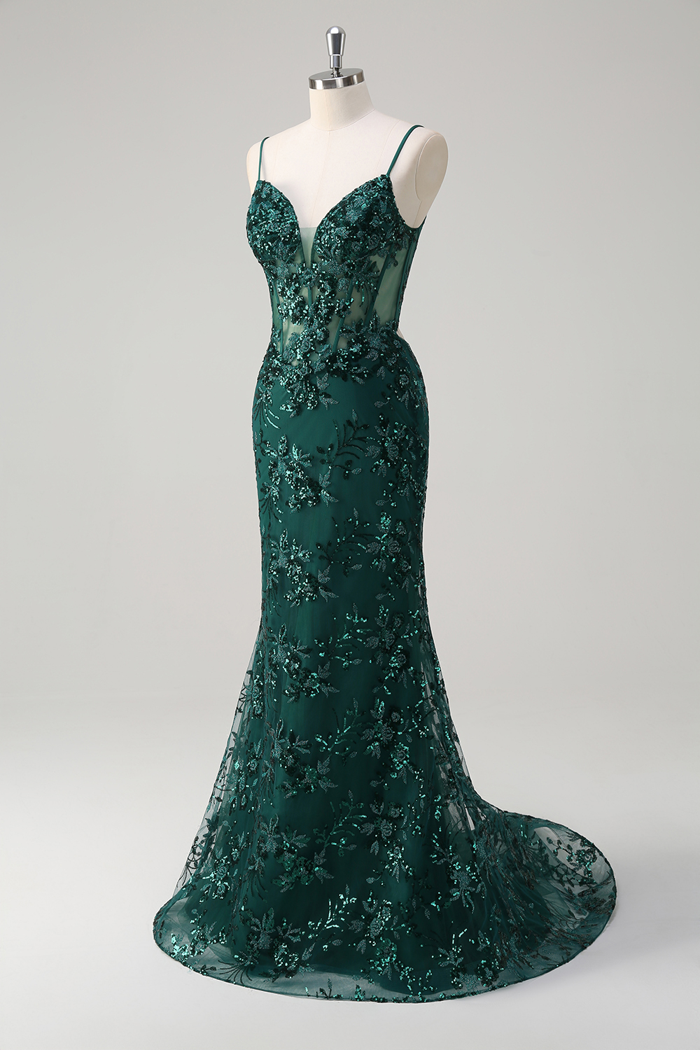 Dark Green Spaghetti Straps Sequins Embroidery Mermaid Long Corset Prom Dress