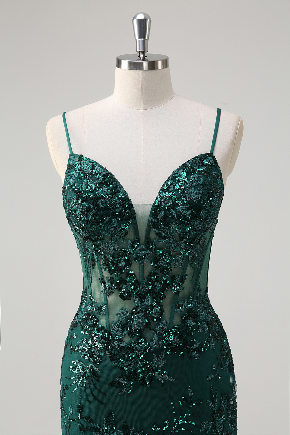 Dark Green Spaghetti Straps Sequins Embroidery Mermaid Long Corset Prom Dress