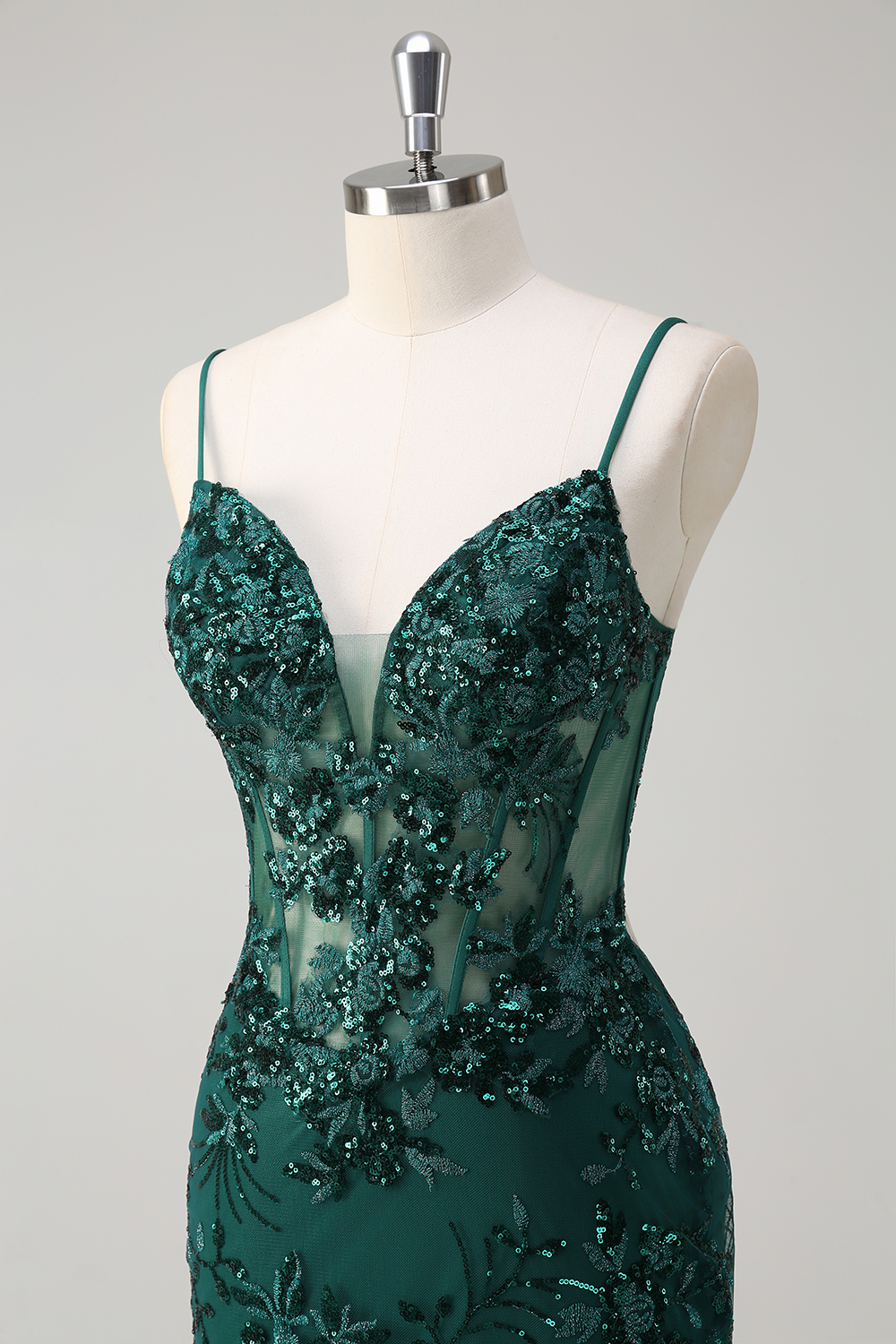 Dark Green Spaghetti Straps Sequins Embroidery Mermaid Long Corset Prom Dress