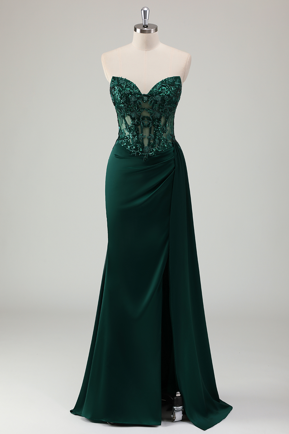 Glitter Dark Green Sweetheart Mermaid Satin Long Corset Prom Dress with Appliques