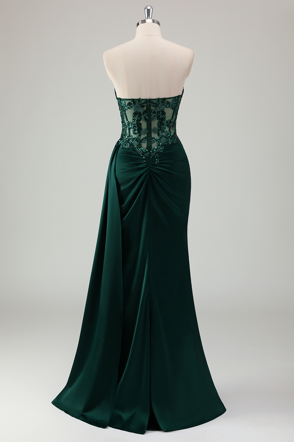 Glitter Dark Green Sweetheart Mermaid Satin Long Corset Prom Dress with Appliques