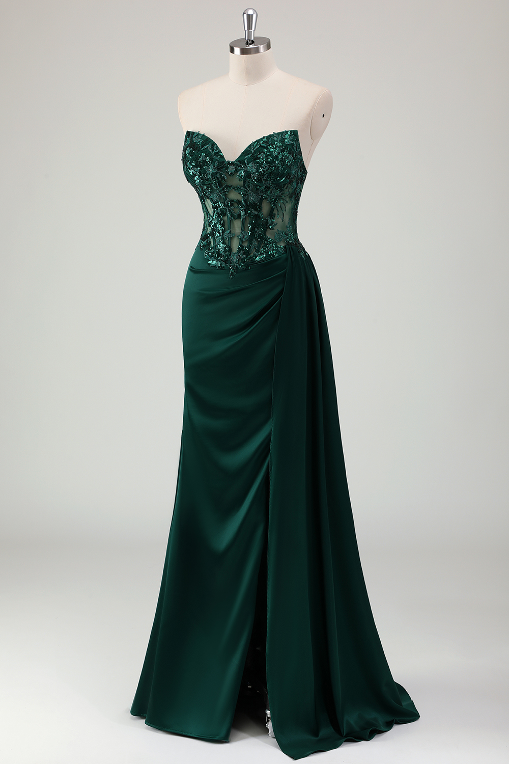 Glitter Dark Green Sweetheart Mermaid Satin Long Corset Prom Dress with Appliques