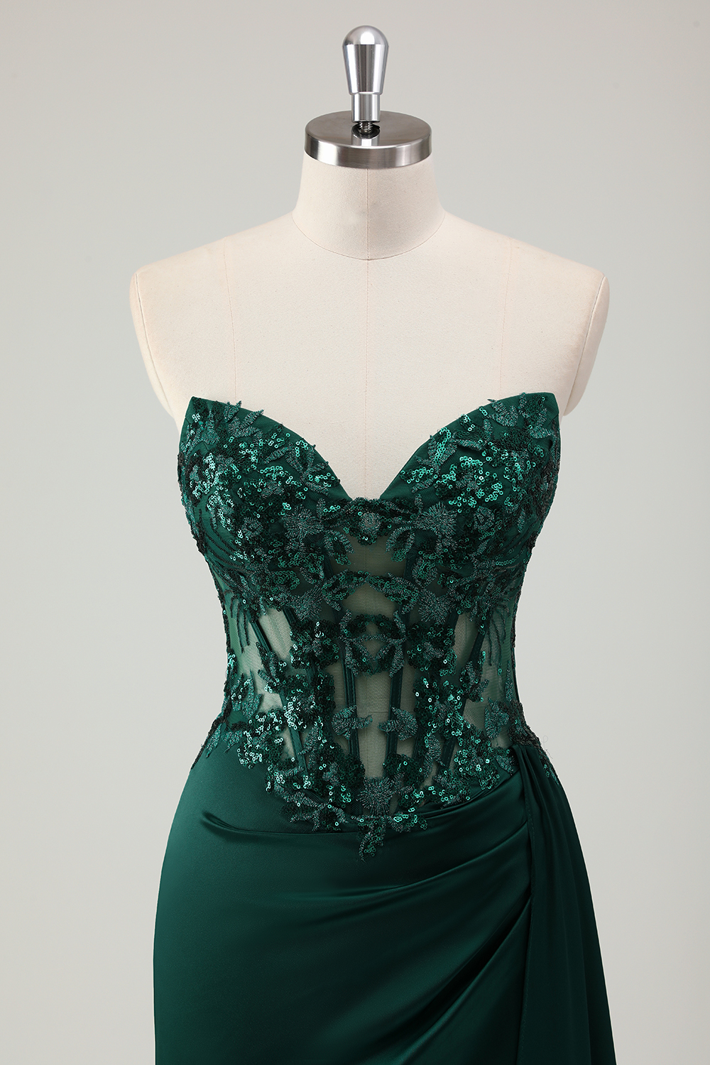 Glitter Dark Green Sweetheart Mermaid Satin Long Corset Prom Dress with Appliques