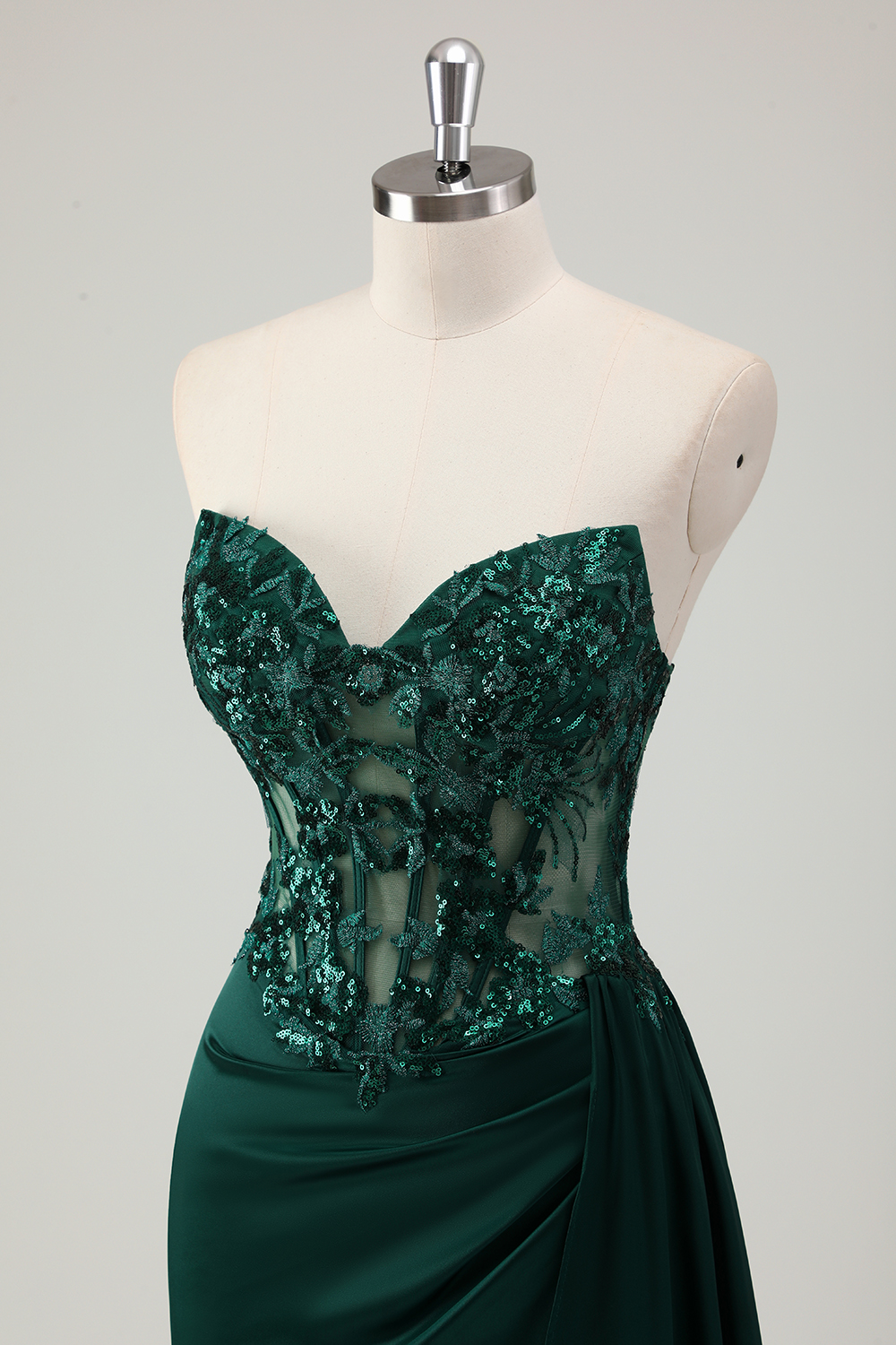 Glitter Dark Green Sweetheart Mermaid Satin Long Corset Prom Dress with Appliques