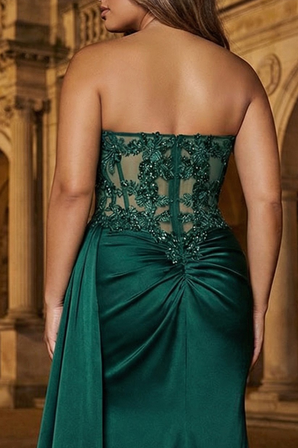 Plus Size Dark Green Sweetheart Mermaid Satin Long Corset Prom Dress with Slit