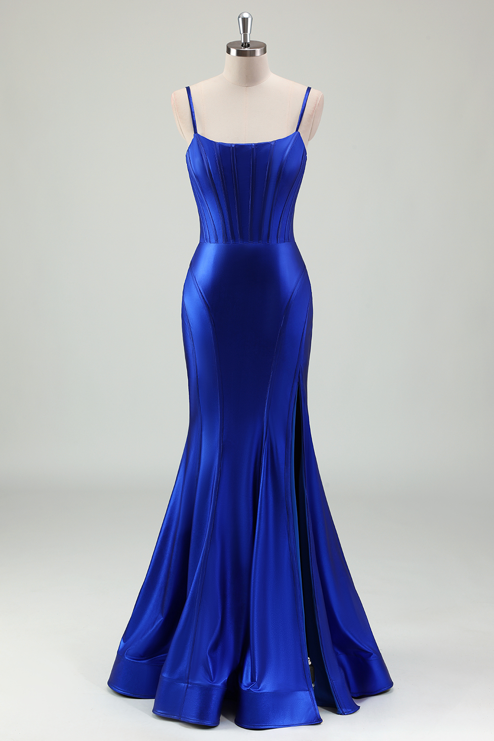 Royal Blue Satin A-Line Beaded Corset Bodice Prom Dress with High Slit main image 1