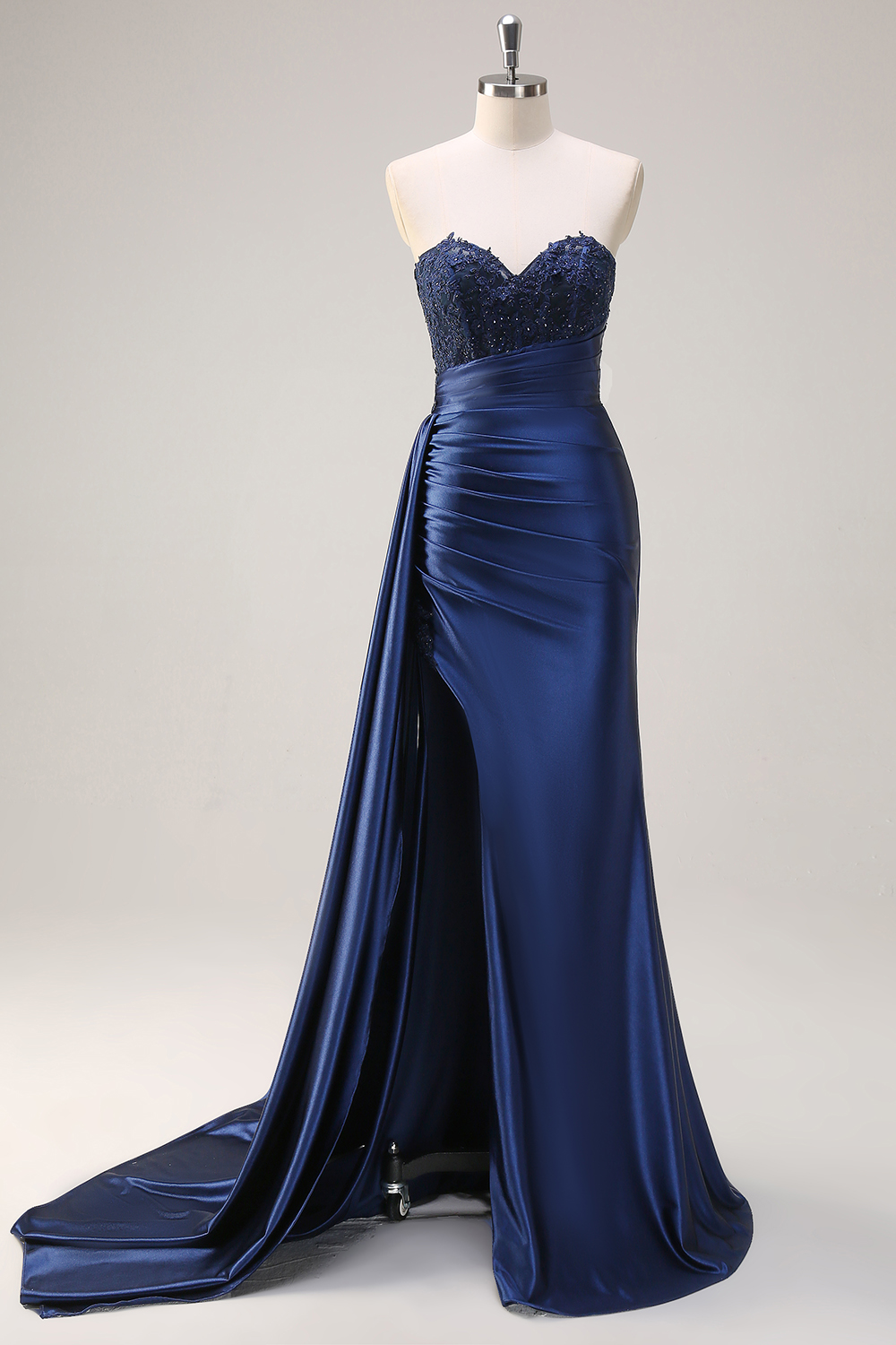 Navy Sweetheart Satin Mermaid Long Corset Prom Dress with Appliques