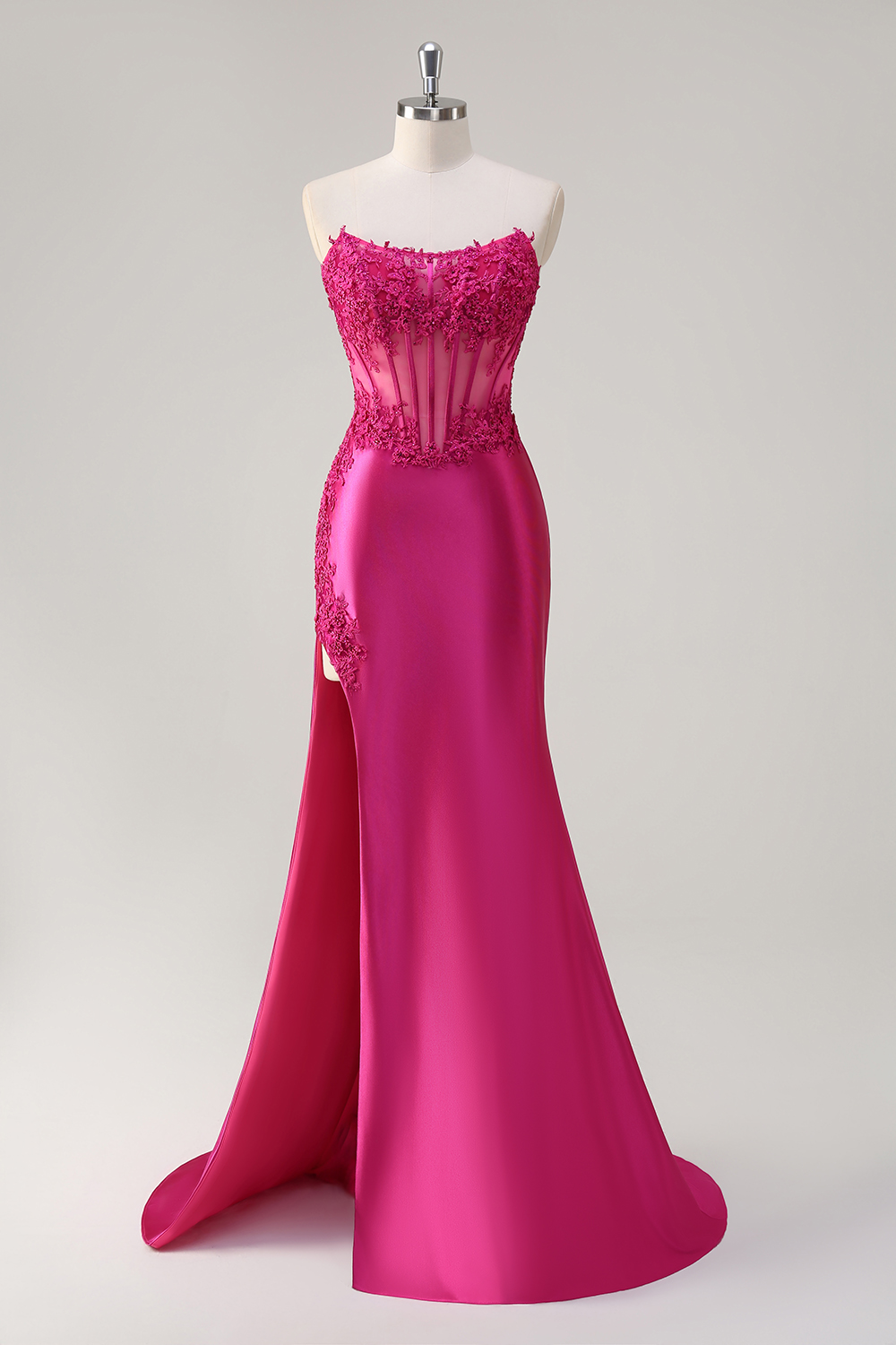 Fuchsia Strapless Satin Mermaid Long Corset Prom Dress with Appliques