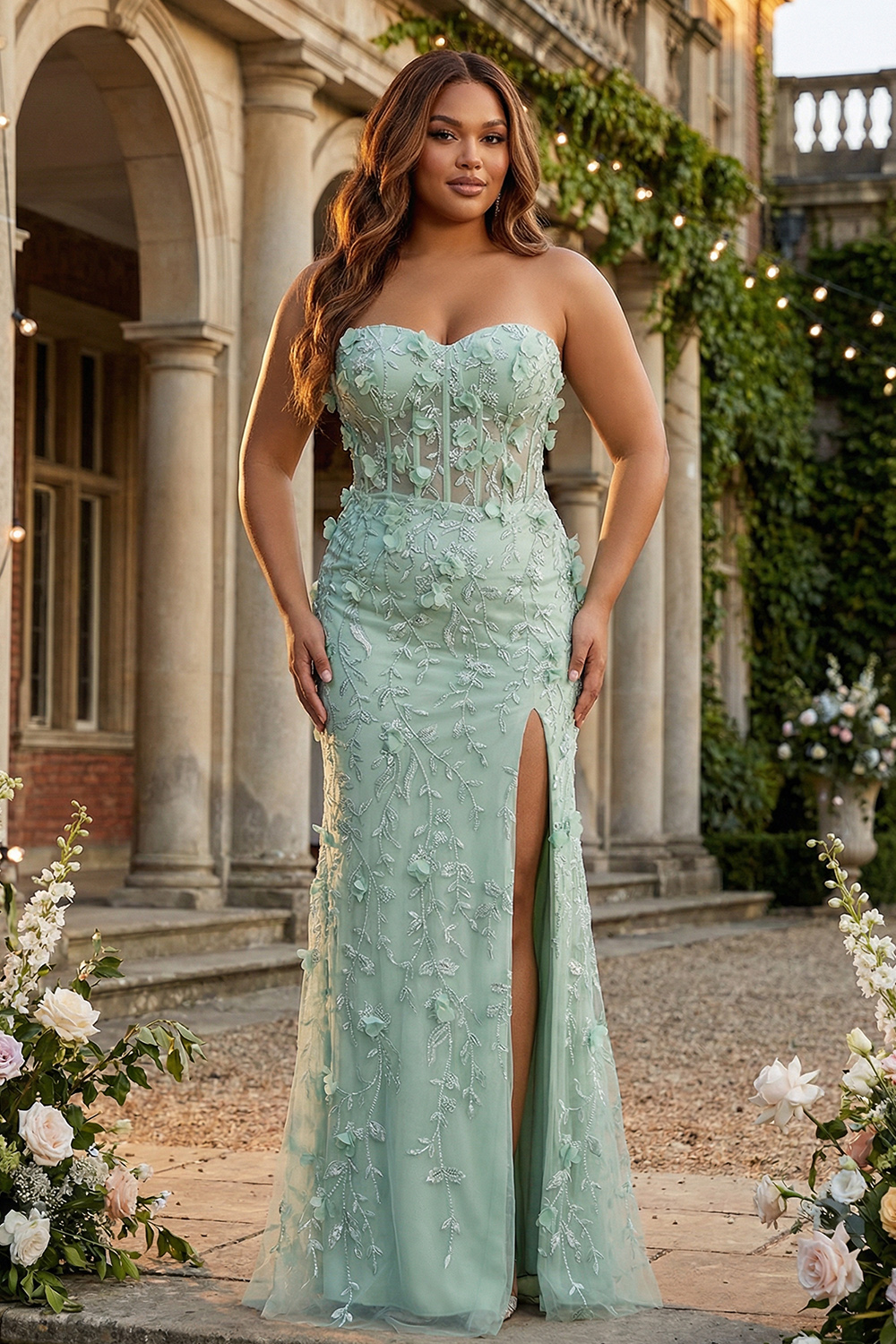 Sage Floral Sweetheart Beaded Tulle Mermaid Long Prom Dress with Slit
