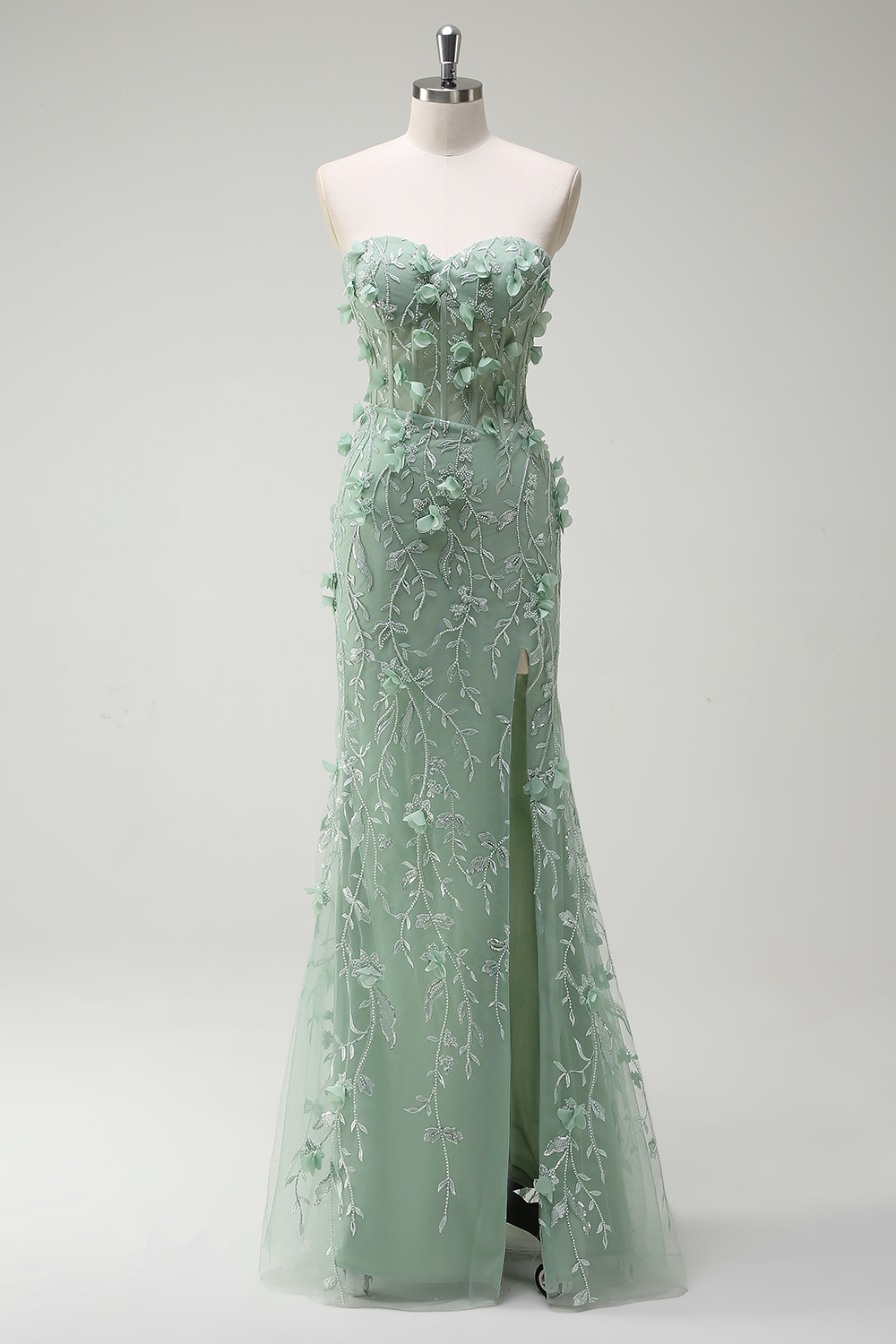 Sage Floral Sweetheart Beaded Tulle Mermaid Long Prom Dress with Slit