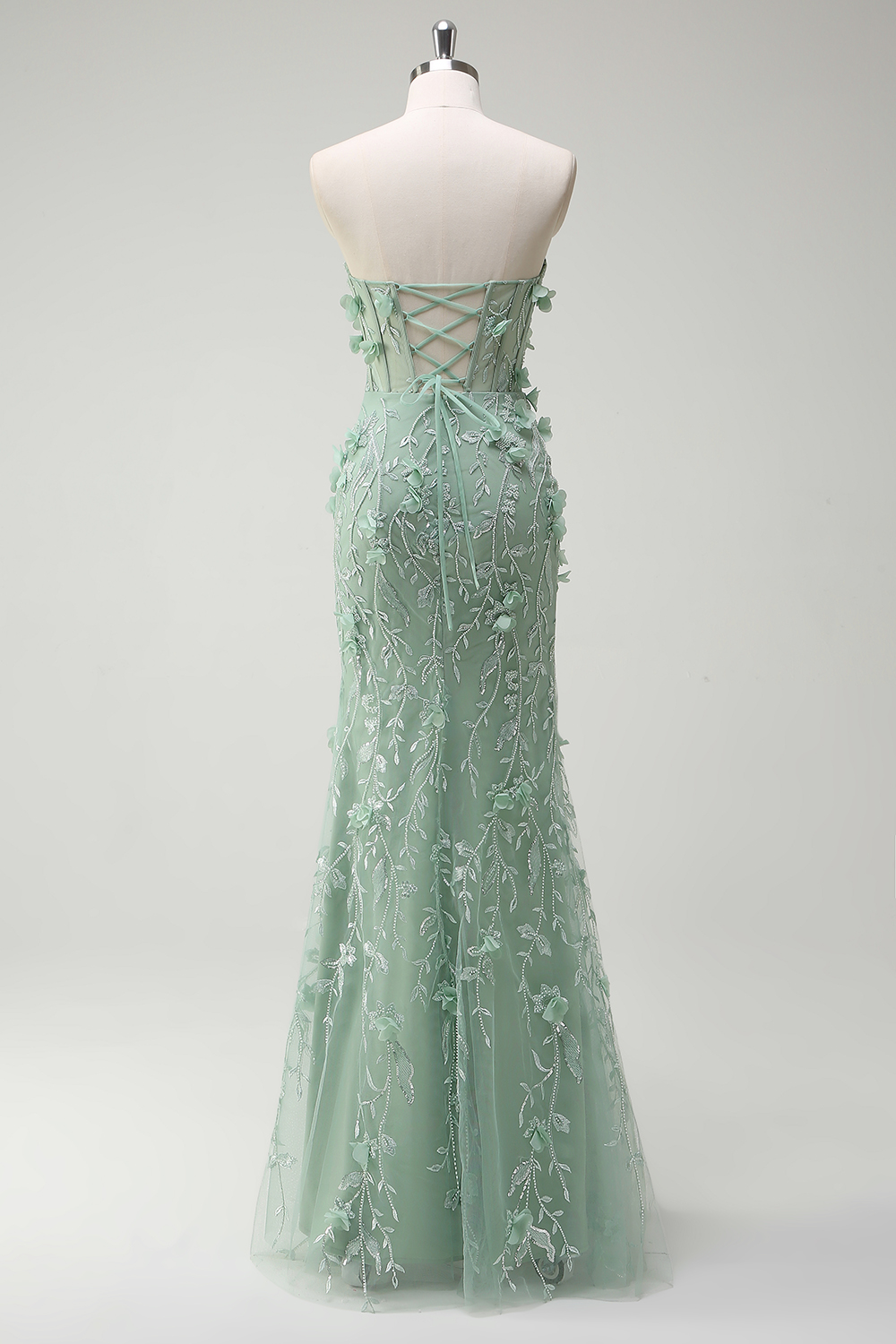 Sage Floral Sweetheart Beaded Tulle Mermaid Long Prom Dress with Slit