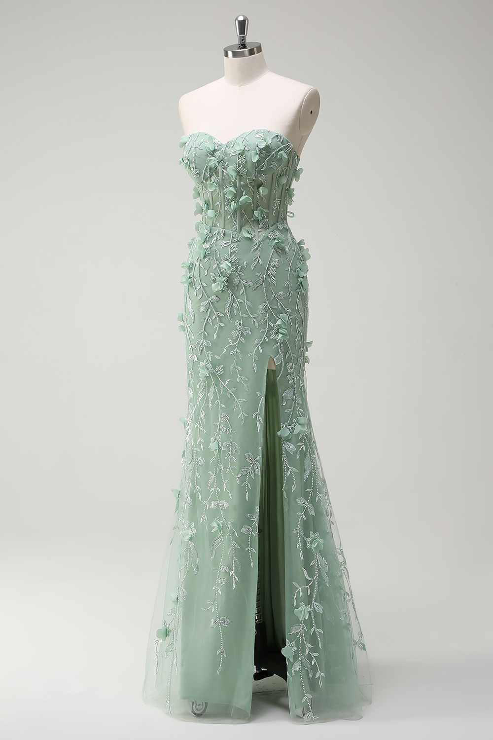 Sage Floral Sweetheart Beaded Tulle Mermaid Long Prom Dress with Slit
