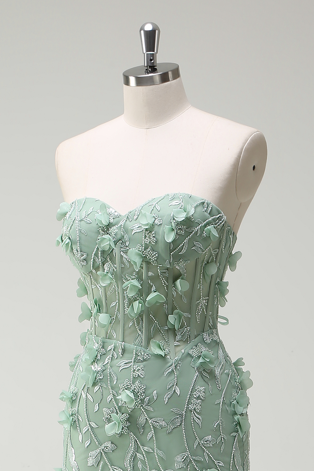 Sage Floral Sweetheart Beaded Tulle Mermaid Long Prom Dress with Slit