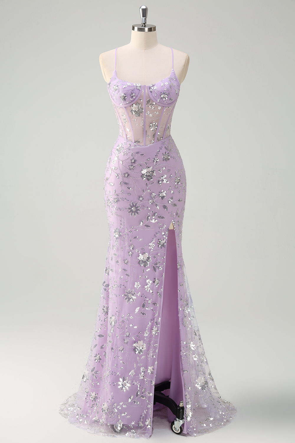 Glitter Lilac Spaghetti Straps Mermaid Sequins Long Corset Prom Dress with Slit