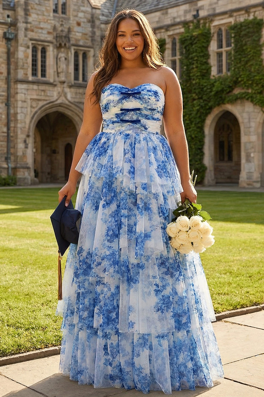 Blue Floral Printed Sweetheart A-Line Chiffon Tiered Long Prom Dress