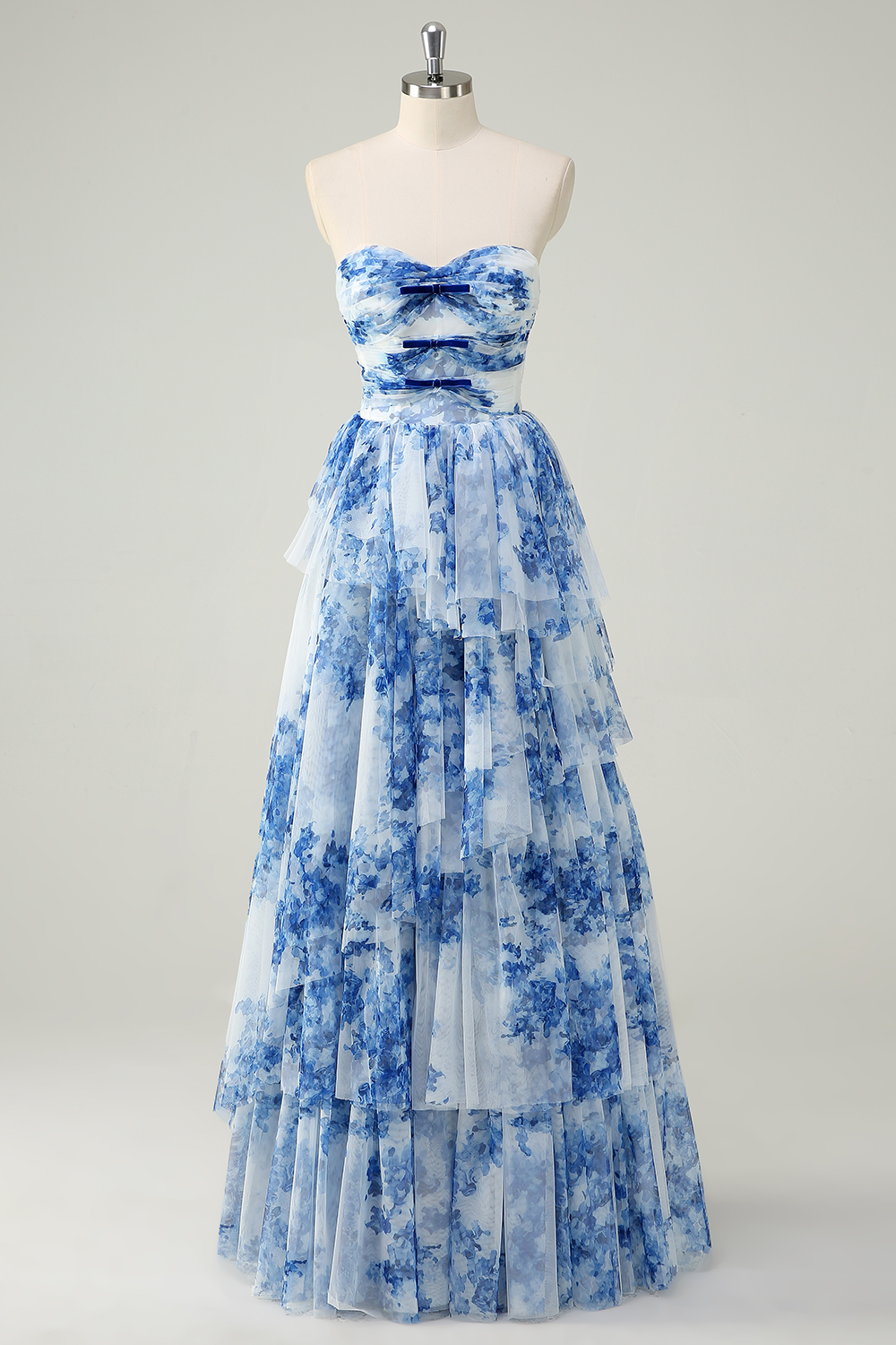 Hellymoon Women Blue Floral Printed Sweetheart Sweet 16 Dress Princess Chiffon Gala Ball Dress Ruffled Long Prom Dress