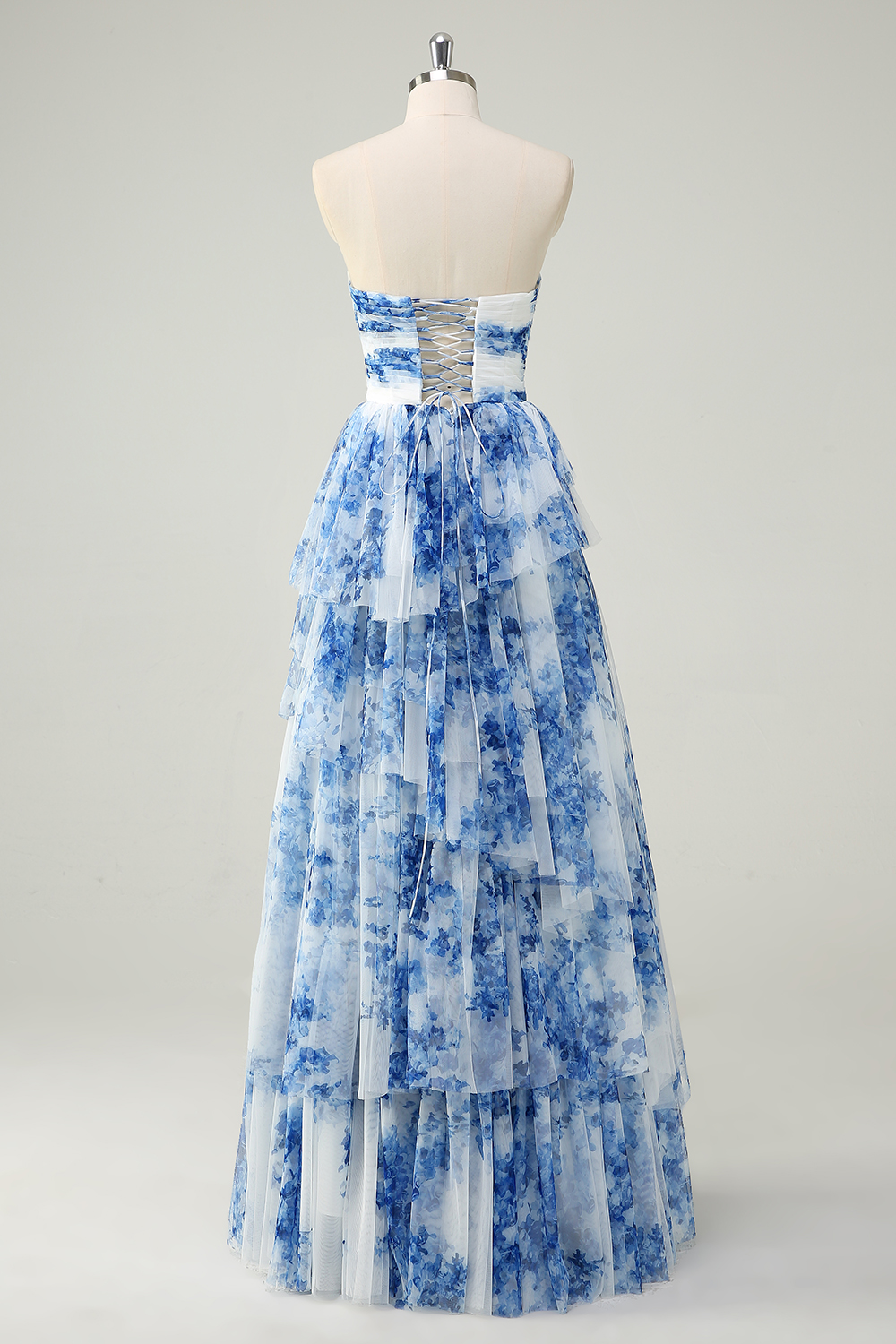 Blue Floral Printed Sweetheart A-Line Chiffon Tiered Long Prom Dress
