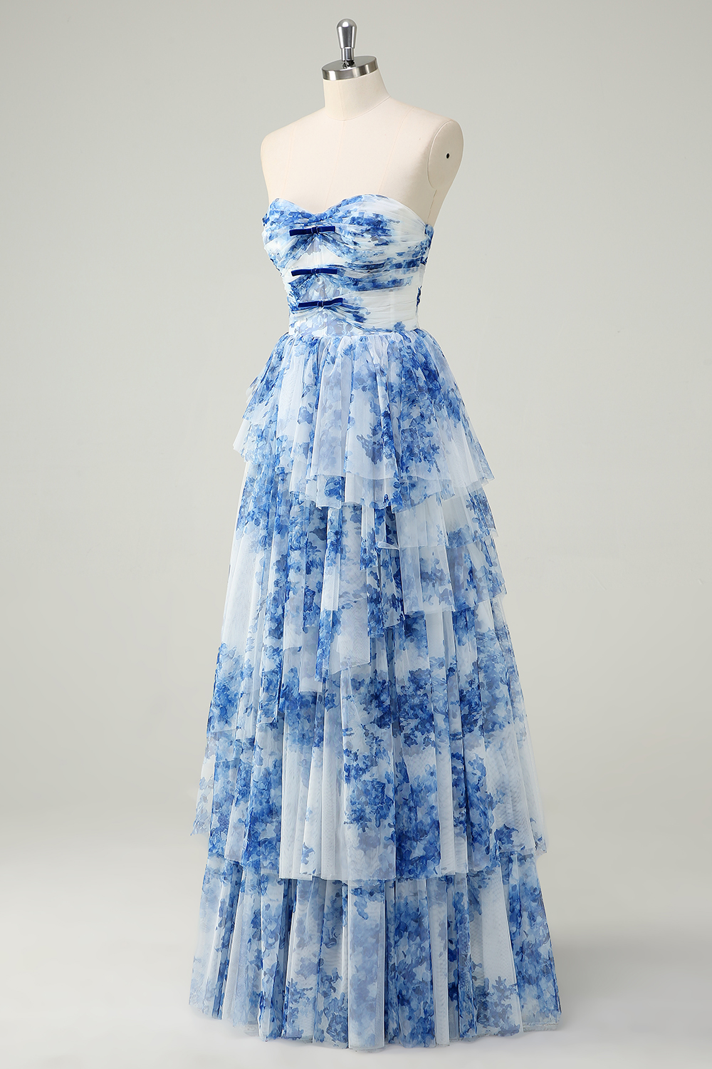 Blue Floral Printed Sweetheart A-Line Chiffon Tiered Long Prom Dress