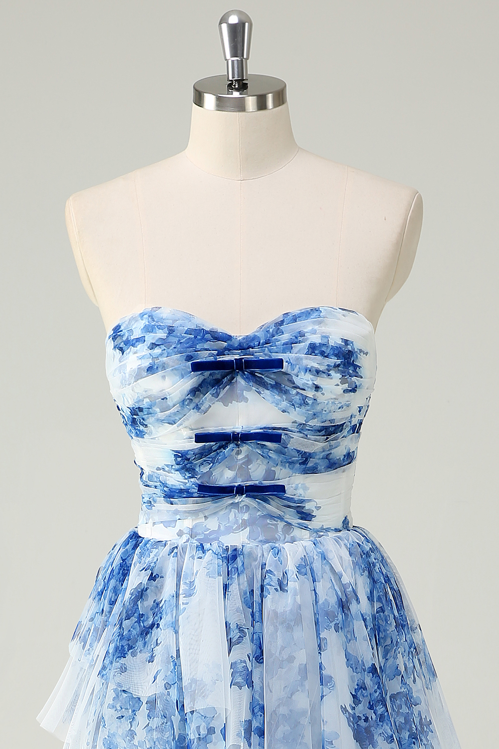 Blue Floral Printed Sweetheart A-Line Chiffon Tiered Long Prom Dress