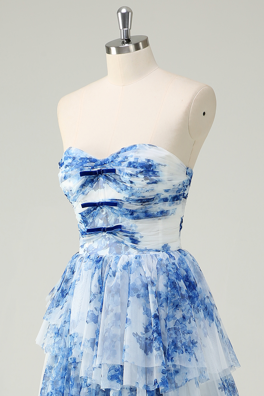 Blue Floral Printed Sweetheart A-Line Chiffon Tiered Long Prom Dress