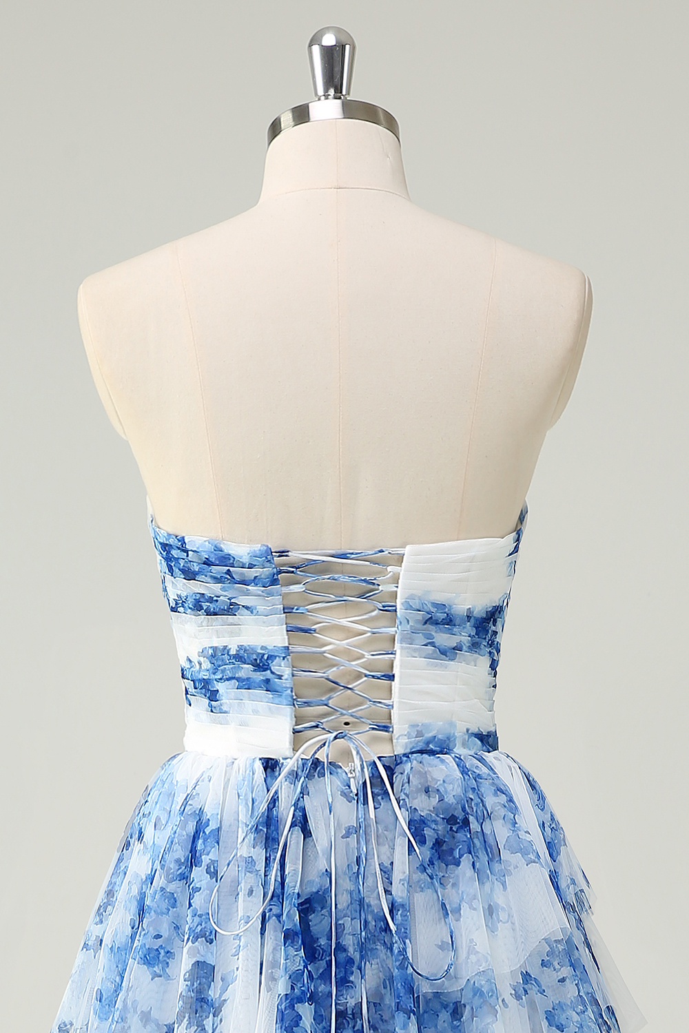 Blue Floral Printed Sweetheart A-Line Chiffon Tiered Long Prom Dress