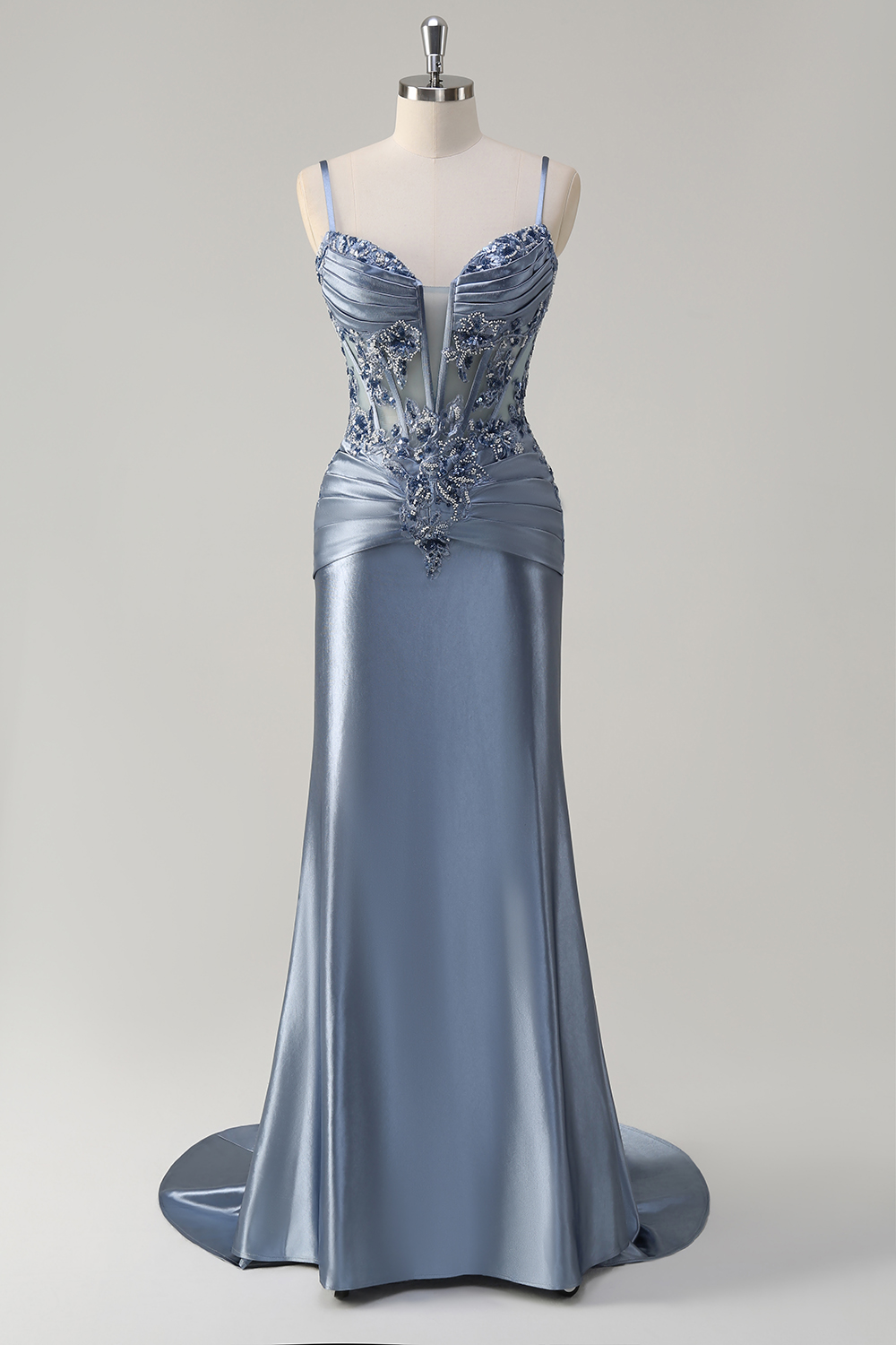 Grey Blue Spaghetti Straps Satin Mermaid Long Corset Prom Dress with Appliques