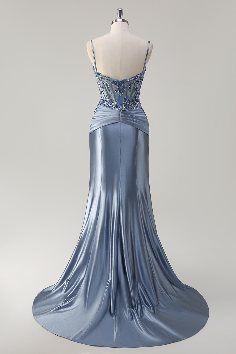 Grey Blue Spaghetti Straps Satin Mermaid Long Corset Prom Dress with Appliques