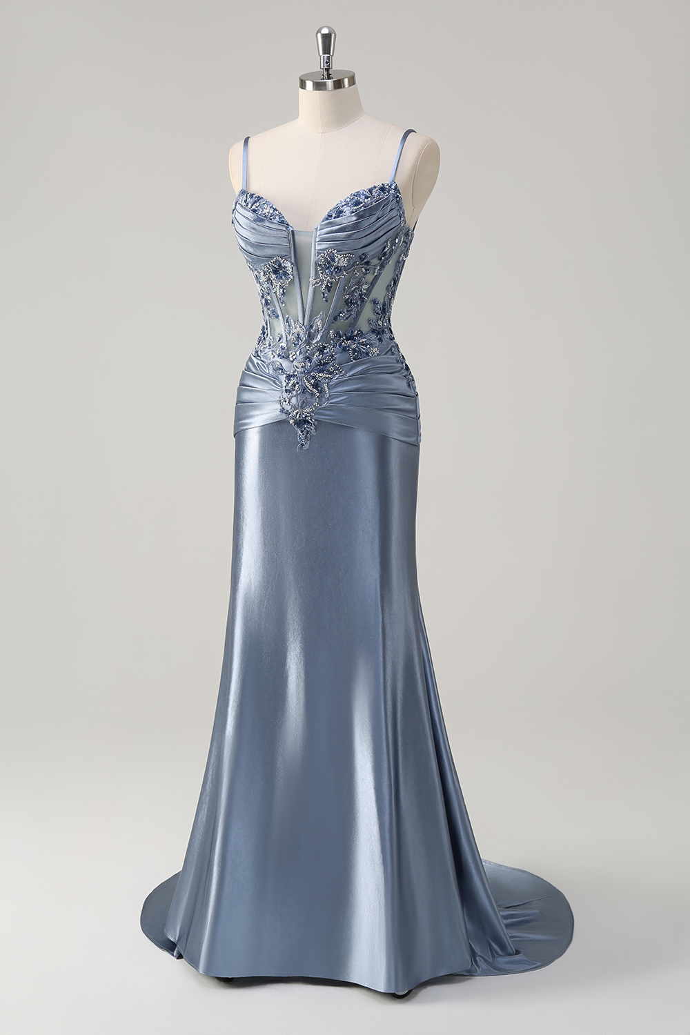 Grey Blue Spaghetti Straps Satin Mermaid Long Corset Prom Dress with Appliques