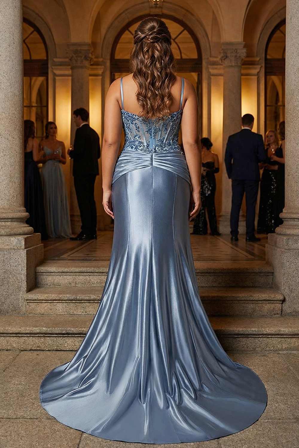 Grey Blue Spaghetti Straps Satin Mermaid Long Corset Prom Dress with Appliques