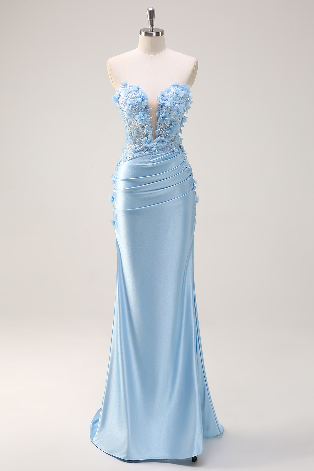 Sky Blue Mermaid Sweetheart Satin Long Corset Prom Dress with Appliques
