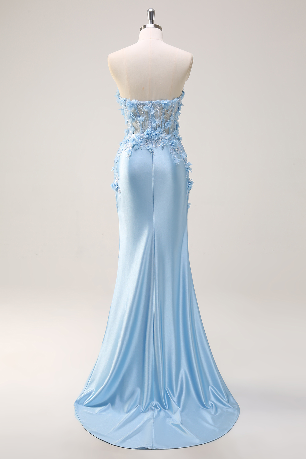 Sky Blue Mermaid Sweetheart Satin Long Corset Prom Dress with Appliques