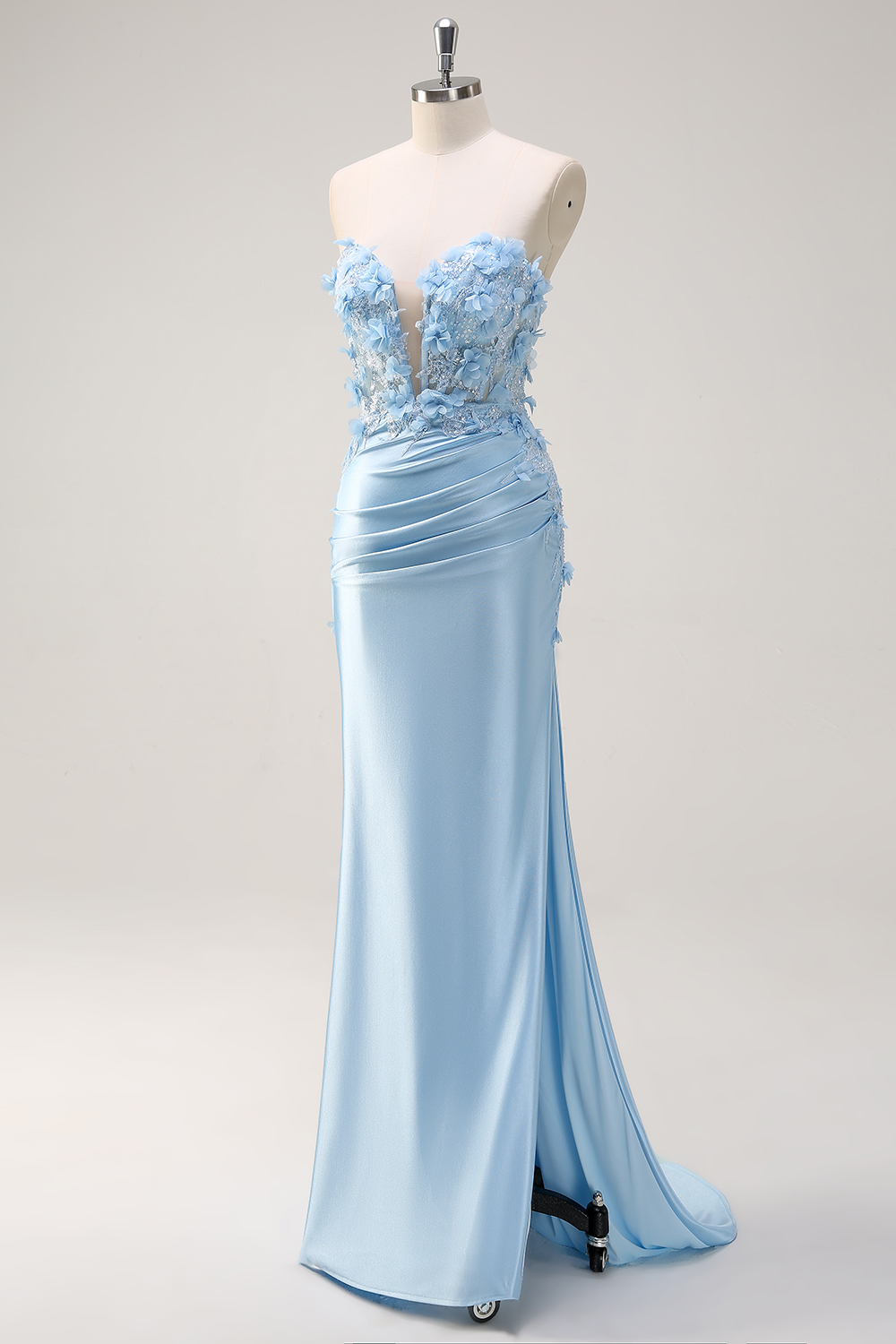 Sky Blue Mermaid Sweetheart Satin Long Corset Prom Dress with Appliques