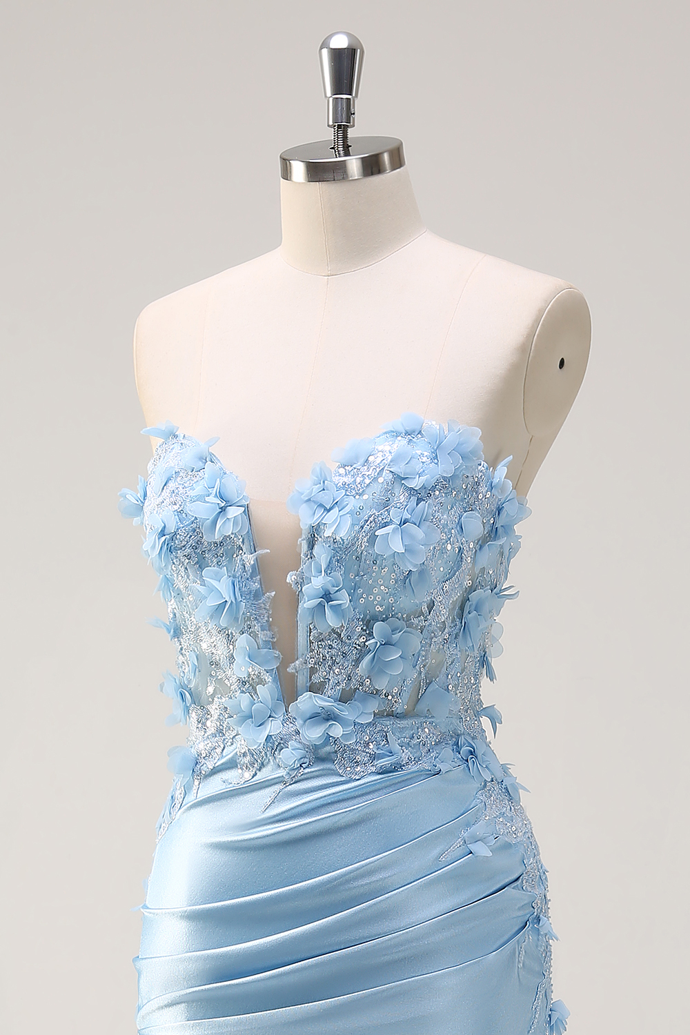 Sky Blue Mermaid Sweetheart Satin Long Corset Prom Dress with Appliques